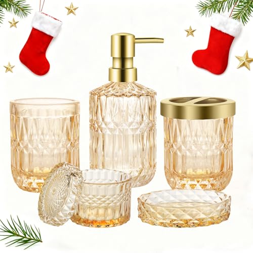 Set di accessori da bagno, 5 pezzi, set di decorazioni da bagno in vetro, include dispenser di sapone, portasapone, portaspazzolino, bicchiere e barattolo, regalo vintage (oro)
