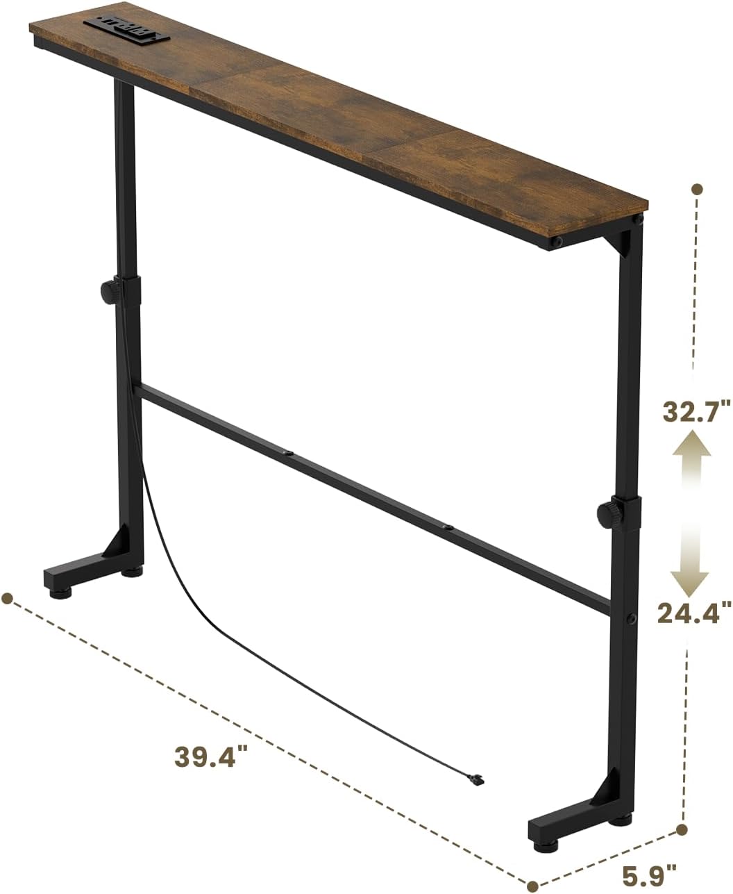 Aduanbang Adjustable Height Narrow Console Table with 2 Power Outlets, 39.4" Long x 5.9" Wide, Slim Behind Sofa Table, Rustic Brown – Ideal for Living Room, Entryway, or Hallway