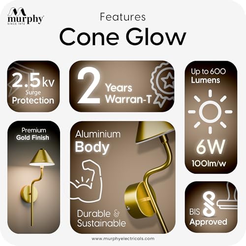 Image of Murphy Cone Glow 6W LED Wall Lamp Pack of 2 | 3-in-1 Color Changing (Cool White /Natural White /Warm White) | Premium Gold Aluminium Finish | Decorative Wall Light | 2 Year Warranty
