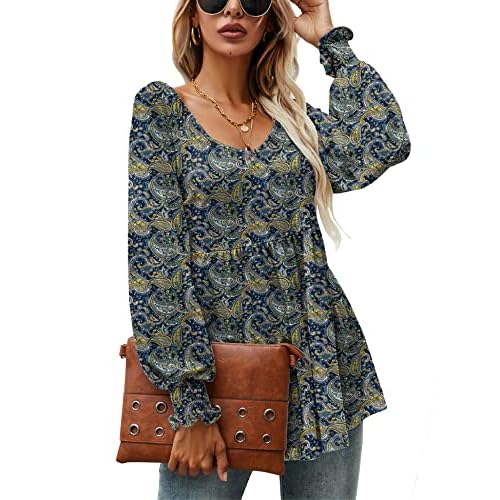 LOMON Womens Casual Fall Puff Long Sleeve Tunic Tops V Neck Flowy Babydoll Peplum Top Blouse T-Shirt 2025 Fashion S-3XL Boho Print Long Sleeve Tops Medium