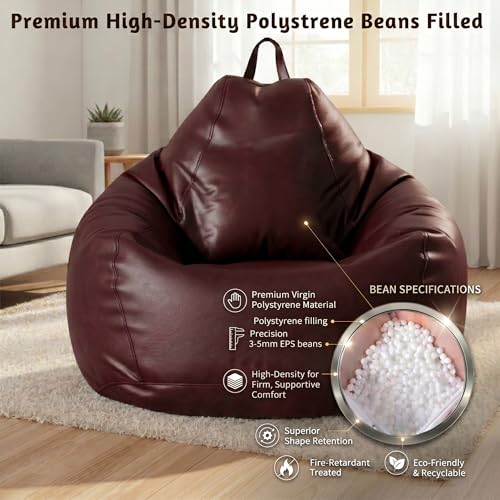 Image of KAM'S LIEU Bean Bag Chair with Footrest & Cushion | Pre-Filled Beans | PVC Leatherette Lounger Sofa | Indoor & Outdoor Bean Bag | 6 Months Warranty Size & Color- (Maroon, XXXXXL, Premium)