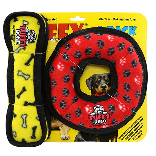 TUFFY - World's Tuffest Soft Dog Toy- Medium Red Ring & Yellow Bone- 2 Pack. Squeakers-Multiple Layers.Made Durable, Strong & Tough.Interactive Play(Tug, Toss & Fetch).Machine Washable & Floats