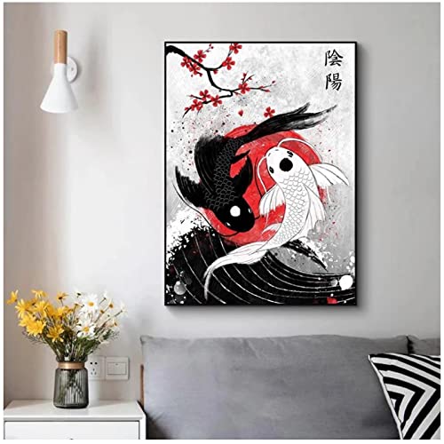 Abstract schilderij Art Print Zwart-wit Koi Fish Wall Art Poster Canvas schilderij Modern Home Decor (60 × 80 CM/23.6 × 31.4 inch) Frameloze - Afbeelding 3