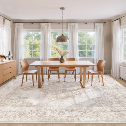 Image of Area Rug 8x10 Vintage Rug: Large Washable Indoor Medallion Rugs Low Pile Distressed Floor Carpet Retro Accent Rug for Living Room Bedroom Kitchen Dining Table Home Office(Beige, 8'x10')