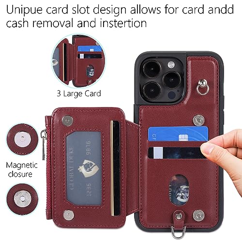 Wallet Case for iPhone 16 Pro Max/16 Pro/16 Plus/16, Card Holder RFID Blocking Leather Cover with Wrist Strap Zipper Handbag Shell,Red,162