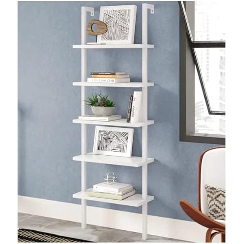 Karl home Ladder Shelf 5 Tier Wall Mounted Bookcase with Metal Frame, Open Design Shelves for Living Room, Bedroom, Home, Office, White (23.62" L x 11.81" W x 70.87" H)