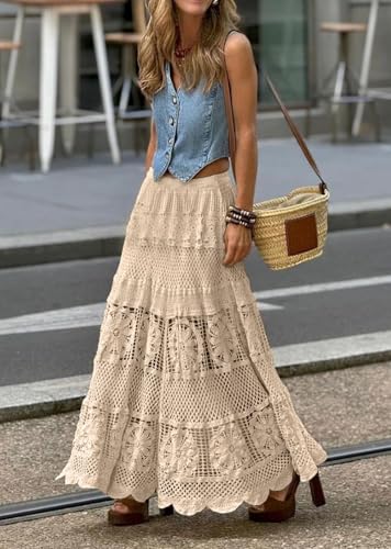 YEMOCILE Women's Floral Lace Crochet Knit Hallow Out Maxi Skirt Boho Elastic Waist A-Line Flowy Long Skirts2