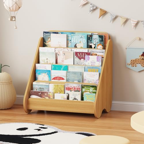 Image of Lkeiyay Montessori Kids Bookshelf, Wooden 4-Tier Front Facing Book Organizer for Nursery Classroom Kids Room