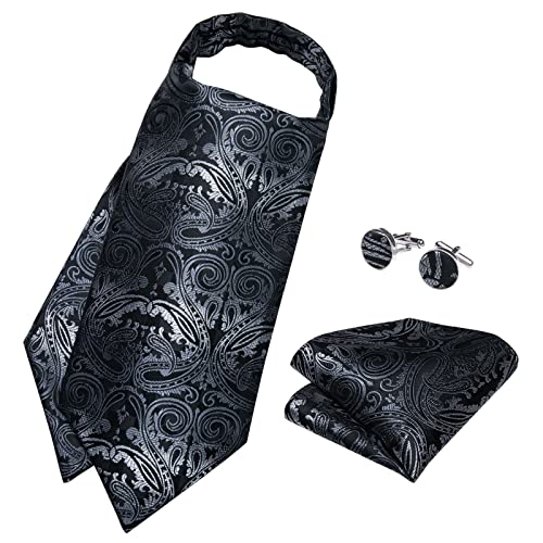 Image of DiBanGu 3PCS Ascot Ties for Men Wedding Jacquard Woven Silk Ascot Cravat for Men Cravat Tie and Pocket Square Set
