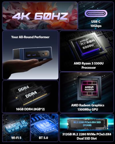Image of BOSGAME E5 Mini PC AMD Ryzen 3 5300U (Beats N150 /N95) | 8GB DDR4 512GB NVMe SSD Mini Computers, Dual 2.5G LAN, Triple 4K Display (HDMI+DP+Type-C), Small Form PC
