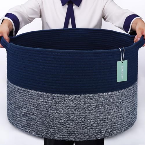 Image of Large Cotton Rope Blanket Basket, 87L Laundry Hamper, Navy Blue | Collapsible Woven Nursery Hamper, Sturdy Handles for Clothes Toys Towels, Ideal for Living Room Bedroom Bathroom