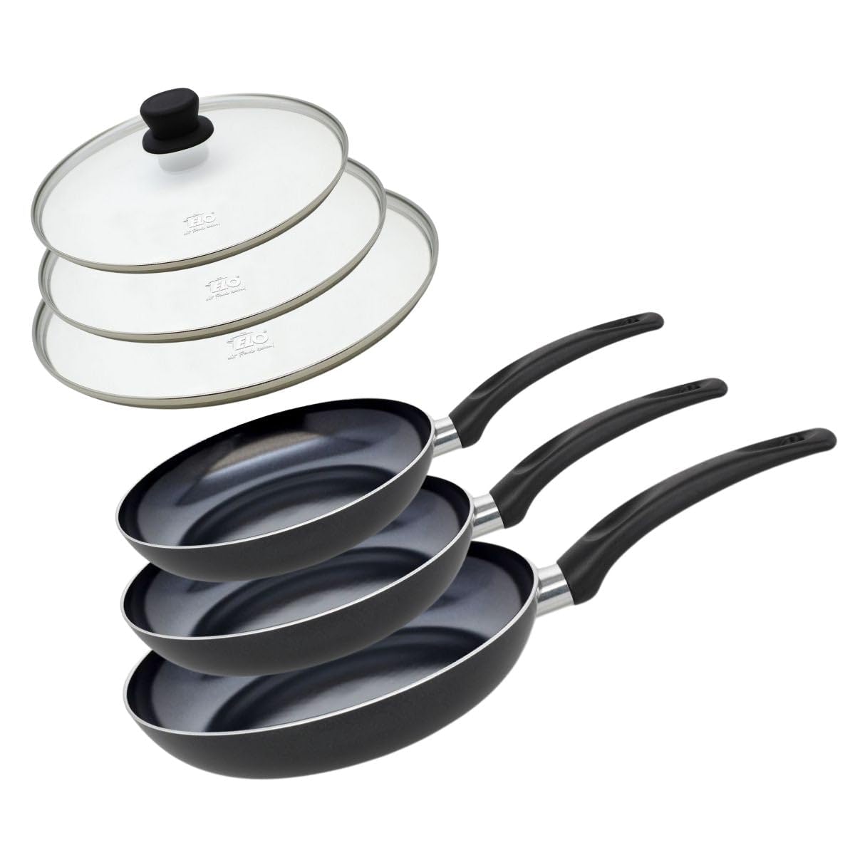 Elo 9808050 Zestaw 3 aluminiowych patelni i 3 szklanych pokrywek kuchennych, patelnia do wszystkich palników z wyjątkiem indukcji, patelnia bez Pfas, aluminium, stal nierdzewna, szkło, plastik, 32 x 5