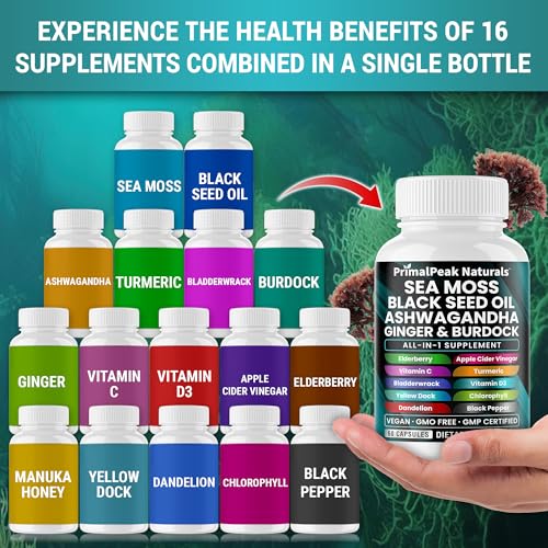 Sea Moss Black Seed Oil Ashwagandha Ginger Burdock Bladderwrack Turmeric & Vitamin C Vitamin D3 with ACV Elderberry Chlorophyll Dandelion Yellow Dock Vegan Capsules - 60 Count - Image 5