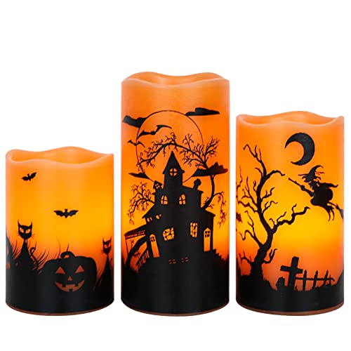 Image of Halloween Flameless Candles with 6-Hour Timer, Battery Operated Orange LED Pillar Candles Flickering Real Wax, Witch, Bats, Castle Decals Set of 3 for Halloween Decorations, D3 inchx H4 inch 5 inch 6 inch