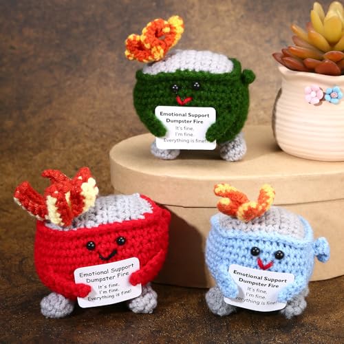 Image of RovyFota Emotional Support Crochet Dumpster Fire with Positive Card Cute Room Decor Knitted Toys Funny Crochet Support Buddies Gifts for Friends (Green&Blue&Red)