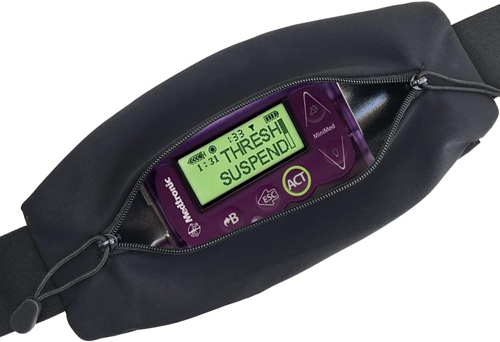 Insulin Pump Belt Waist Holder with Double Slide Zipper Pouch for Diabetic T1D Accessories Tubing Epipen Glucose Monitor Elastic Adjustable Medical Supplies Men Women Adult, Black, One Size