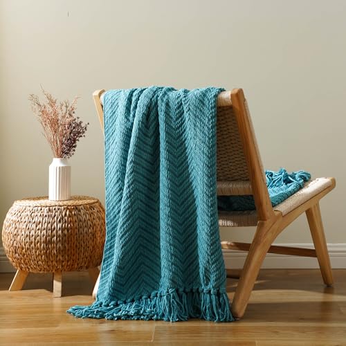Image of BATTILO HOME Teal Throw Blanket for Couch, Knit Woven Turquoise Blanket Versatile for Chair, Super Soft Warm Decorative Blanket with Tassels for Bed, Sofa and Living Room, 60 inch x 80 inch