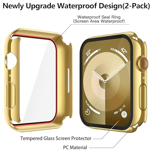 Image of Misxi [2 Pack] Waterproof Hard Case with Tempered Glass Compatible with Apple Watch Series 9 Series 8 Series 7 45mm, Ultra-Thin Cover for iWatch Screen Protector, 1 Gold + 1 Transparent