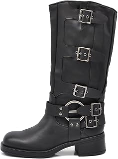 IF Fashion Damenstiefel Wadenhoch Biker Motorradstiefel mit mehreren Schnallen Amphibien RQ63 schwarz