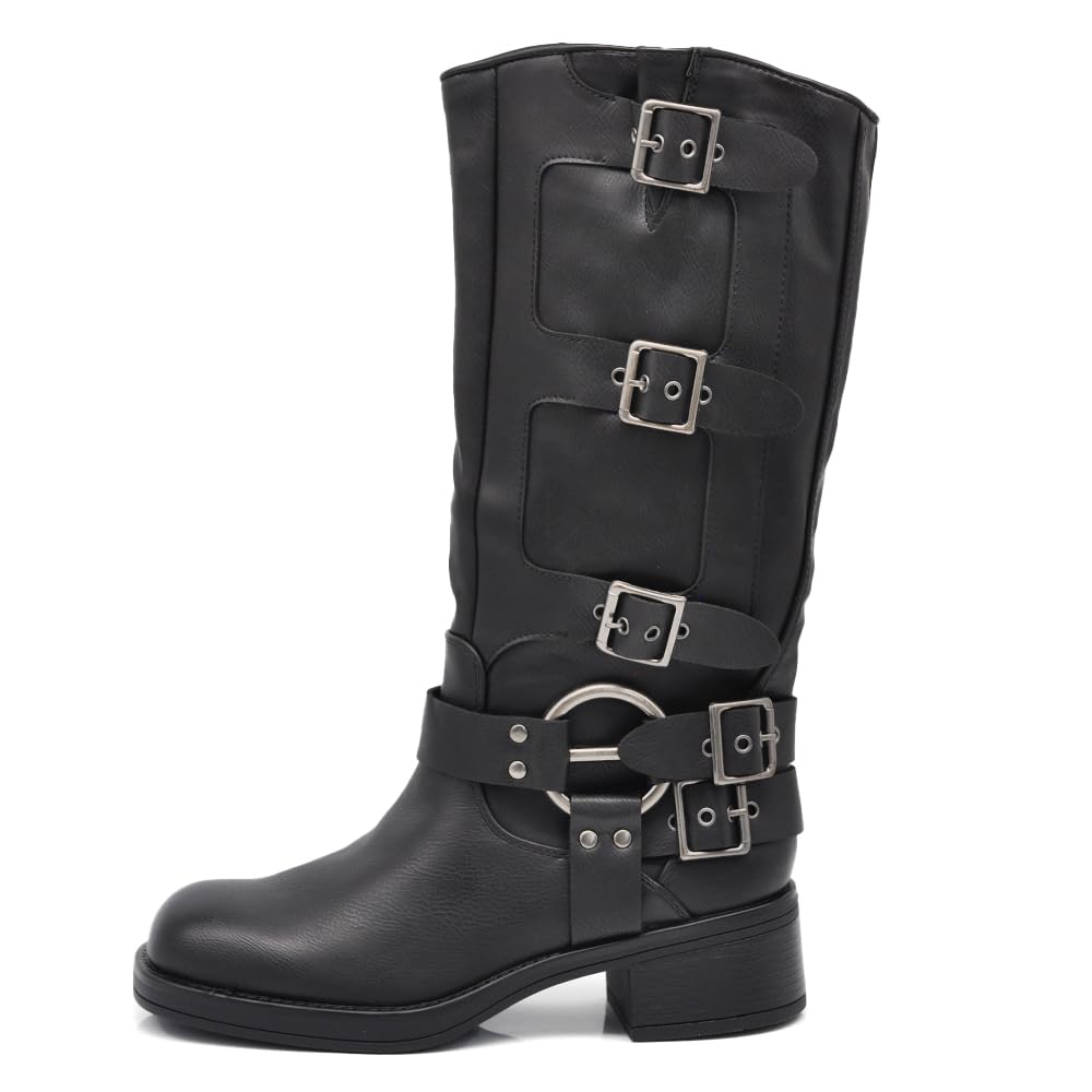 IF Fashion Scarpe Stivali da Donna Al Polpaccio Biker Motociclista Con Multi Fibbie Anfibi 660-3