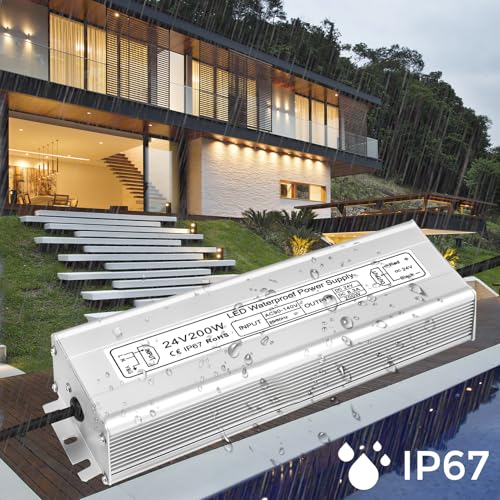 Image of LED Driver 200W 24V Power Supply, IP67 Waterproof Low Voltage Transformer, AC 90-140V to DC 24V 8.33A Converter with 3-Prong Plug 3.3 Feet Cable for Outdoor LED Lights, Industrial, Computer