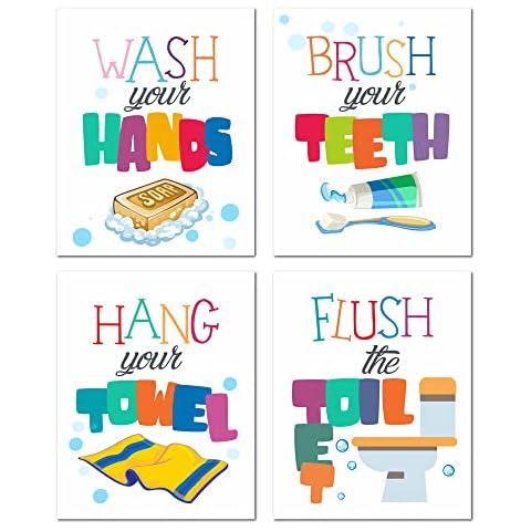 heshengzaixian Funny Kids Colorful Bathroom Quote Wall Art Prints, Kids Bathroom Décr Poster Picture Painting Set for Lavatory Toilet Restroom, Gift for Children,Set Of 4 (8”X10”) Unframed Cover