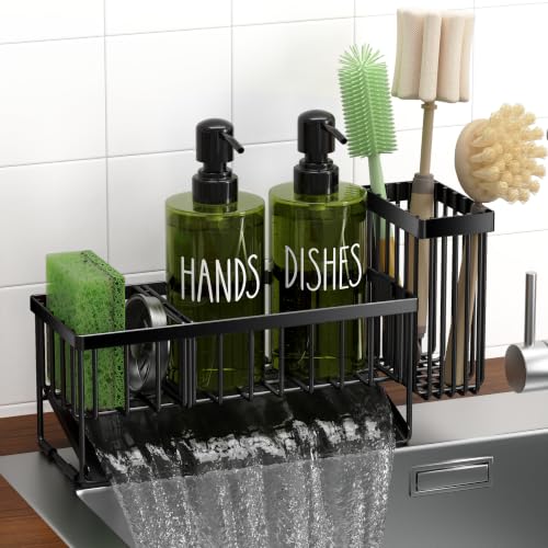 Image of MASADI Kitchen Dish Soap Dispenser Set with Sponge Holder, 12OZ Glass Bottle, Hand and Dish Soap Dispenser Set, Non-Slip Silicone Pad, Brush Holder, Kitchen Sink Organizer Countertop (Black+Green)