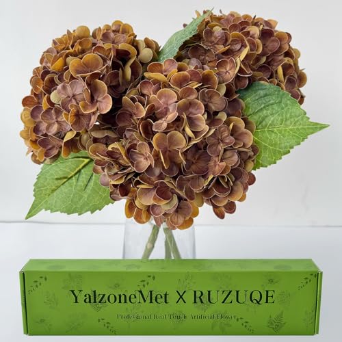 YalzoneMet 3 PCS Brown Hydrangea Artificial Flowers 21 Real Touch Faux Latex Bronze Hydrangea Flowers for Tables Centerpieces Boho Fake Flowers for Vintage Home Kitchen Decor