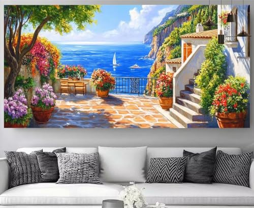 Diamond painting XXL 100x300cm Mer Égée : kit complet broderie diamant bateau pour adulte