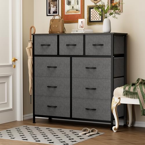 Image of OLIXIS 9-Drawer Fabric Storage Dresser Chest Organizer Unit, Grey | Sturdy and lightweight fabric drawers with easy-pull handles,Space-saving versatile organizer for clothes, bedroom