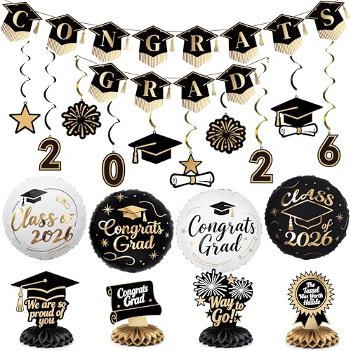 PartyWoo Graduation Decorations Class of 2026 Black Gold 19pcs Grad Party Supplies with Black Gold Congrats 2026 Grad Banner Hanging Swirls Foil Balloons Graduation Cap Centerpieces Party Decorations