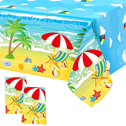 Summer Beach Tablecloth 2 Pack Plastic Hawaiian Party Decorations Pool Party Tablecloth Summer Table Cover Rectangular Table Baby Shower Outdoor Picnic Beach Theme Birthday Party Supplies 54 X 108’ #TOP4