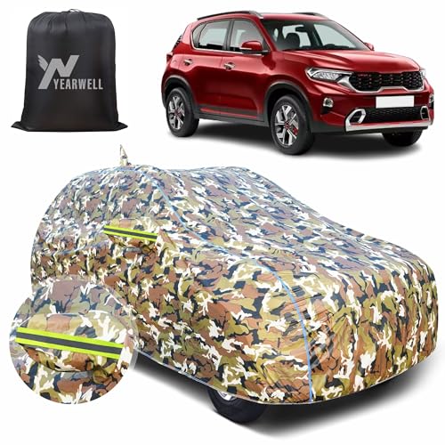 Image of Car Body Cover for Kia Sonet, 100% Waterproof with Mirror & Antenna Pockets, Military Print Design, UV & Dust Protection, Triple Stitched, Sky Piping & Reflector (Jungle Print)