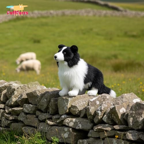 PuffPurrs Lebensechter Border Collie Plüsch, Realistisches Schwarz-Weiß Schäferhund Kuscheltier, Niedliches Hochintelligentes Geschenk, 28 CM/11 Zoll