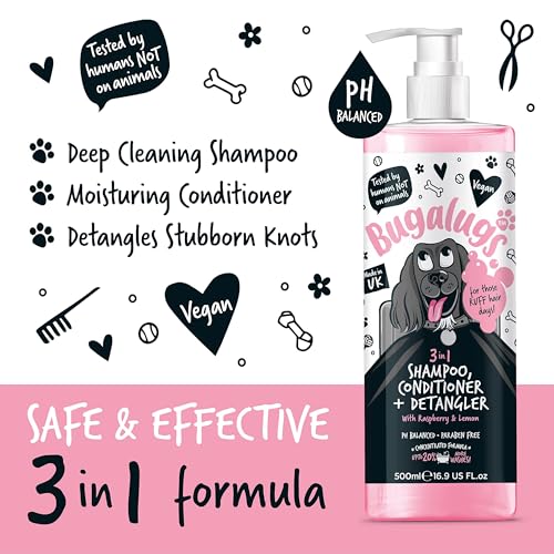 BUGALUGS Shampoo, 3-in-1-Cleaner, Bedingungserhaltung und Entwirrung, Himbeer- und Zitronenduft für stinkende Hunde, bestes Hundemantel, Welpen-Cleaner, Haustierzubehör