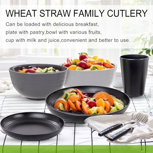 Image of Rubtlamp 24Pcs Kitchen Plastic Wheat Straw Dinnerware Set,Dinnerware Sets for 6,Microwave Dishwasher Safe Plates, Unbreakable Reusable Plastic Wheat Straw Bowls & Plate for Camping