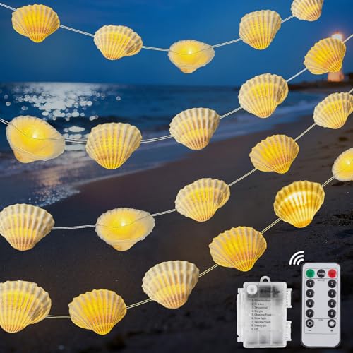 Beach Christmas Decor Seashell String Lights 13.2ft 40 LED with Remote Natural Sea Shells Garland...