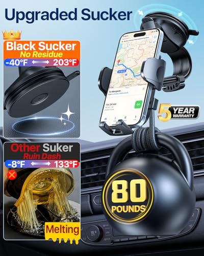 Image of HTU Upgraded Strongest Suction Car Phone Holder Bendable Arm, Never Block View Rotatable Cellphone Mount for Dashboard Windshield Vent, Cradle Stand for iPhone 17 16 15 14 13 12 Pro Max (Rose Purple)