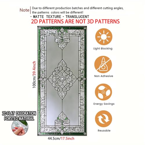 Image of Nuxovilar Sparkle Green Edged Vintage Pattern Window Film 17.7x39.4 PVC | Green Edged, Vintage Cling geometric pattern sticker, classic glass wrap for living room bedroom study (Vintage)