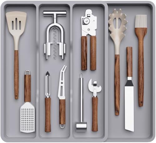 Lifewit Besteckkasten für Schubladen, Breite verstellbar bis 43,9cm | Schmale Schubladen Organizer Küche Tiefe 40 cm, Kunststoff Utensilienständer für Spatel/Messer/Löffel, Grau