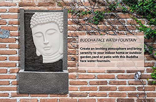Xbrand Self Standing Buddha Face Water Fountain W/Led Light, Indoor And Outdoor Relaxing Zen Decor, 23 Inch Tall, Grey #TOP2