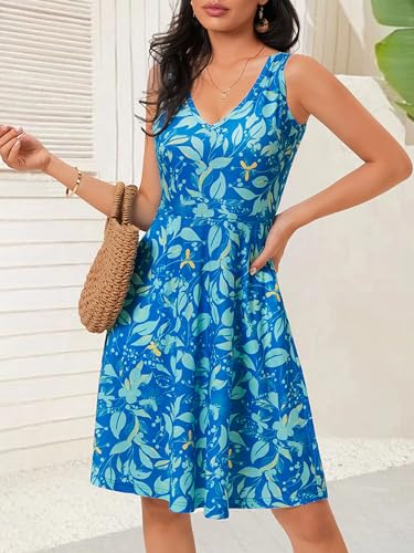 Image of HUHOT Womens Sleeveless V Neck Dress with Pocket Summer Beach Midi Flared Tank Dress