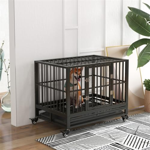 Heavy Duty Dog Crate for Medium Dogs, 36" Steel Wire Kennel with Locking Wheels & Slide-Out Tray, Secure Latches, 44 lbs Pet Cage, Gray Indoor Outdoor Dog Crate, Easy Assembly