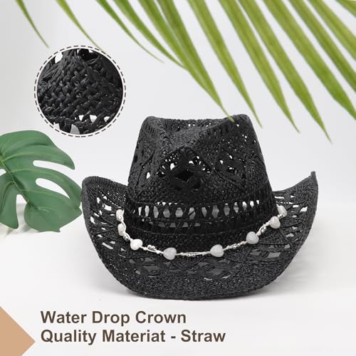 Image of DRESHOW Straw Cowboy Cowgirl Hat for Women Men Western Coastal Cowboy Beach Hat with Shapeable Brim Unisex Rolled up Caps