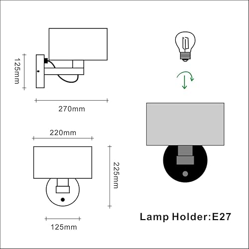 Miniatura 7 de Lámpara de noche montada en la pared, aplique de pared cableado con interruptor, lámparas de pared para dormitorio con pantalla de tela, lámpara de