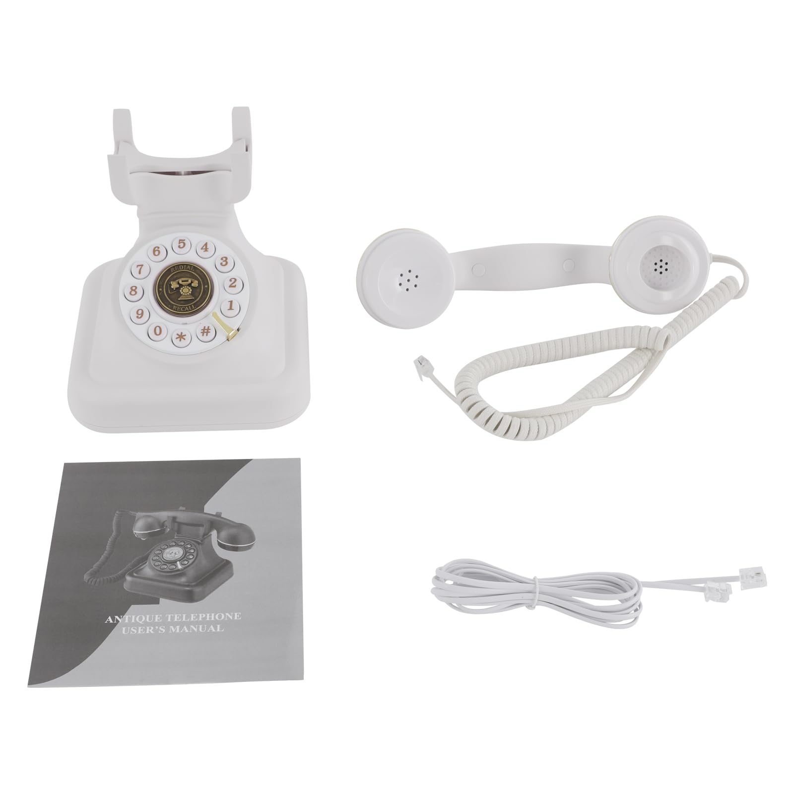 Antyczny telefon, biały, w stylu vintage, z regulacją głośności, przycisk ponownego wyboru, klasyczny europejski telefon stacjonarny, bez baterii, kompaktowy telefon stacjonarny w stylu retro, do