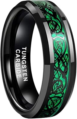 TUTISS 6mm 8mm Silver/Black Tungsten Rings for Men Women Black/Red/Green/Purple Carbon Fiber Celtic Dragon Inlay Fashion Jewelry Engagement Wedding Bands Beveled Edges Comfort Fit