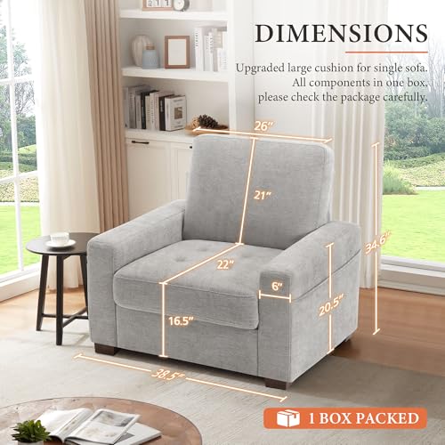 Image of Ihanherry 39 Inch Sofa Single with Side Pocket, Comfy Modern 1-Seat Sofa for Living Room & Bedroom, Removable Medium Firm Sofa Cushion, Breathable Chenille Fabric, Grey