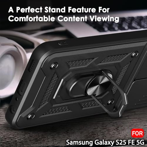 Image of TheGiftKart Tough Armor Bumper Back Cover Case for Samsung Galaxy S25 FE 5G | Sliding Camera Cover, KickStand & Ring Holder | 360 Degree Protection Back Cover Case for Samsung S25 FE (PC & TPU, Black)