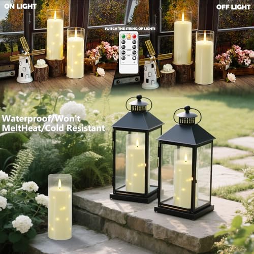 Image of kakoya 11 inch x 4 inch Large Outdoor Waterproof Flameless LED Candles with Remote and Timer,Acrylic Pillar Candles Battery Operated with Embedded Star String for Porch,Patio,Outdoor Decor,Set of 2(Ivory)